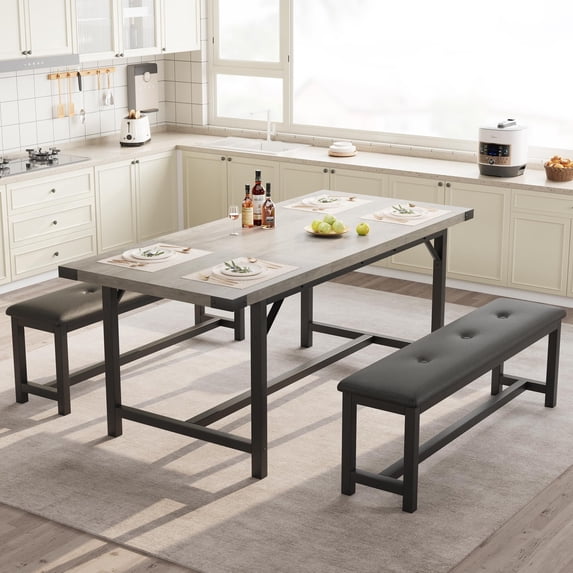 3 Piece Dining Table Set for 4-6, 63" Extendable Kitchen Table and Bench Set for 6, Metal Frame Rectangle Kitchen Table Set with 2 Upholstered Benches for Dining Room, Apartment, Retro Gray