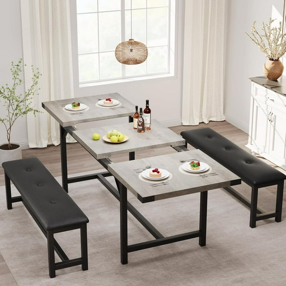 3 Piece Dining Table Set for 4-6, 63" Extendable Kitchen Table and Bench Set for 6, Metal Frame Rectangle Kitchen Table Set with 2 Upholstered Benches for Dining Room, Apartment, Retro Gray