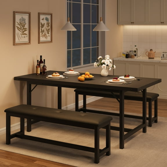 3 Piece Dining Table Set for 4-6, Space-Saving 63" Extendable Rectangular Dining Table Set with 2 Upholstered Benches Set for 6, Rectangle Wooden Dinette Table Set for Dining, Apartment