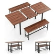 thumbnail image 1 of 3-Piece Dining Table Set for 4-8, 63” Extendable Dining Table with 2 Benches, Metal Frame, Dinette Table Set for Dinner, Breakfast Nook, Kitchen, Living Room, Restaurant, Walnut, 1 of 1
