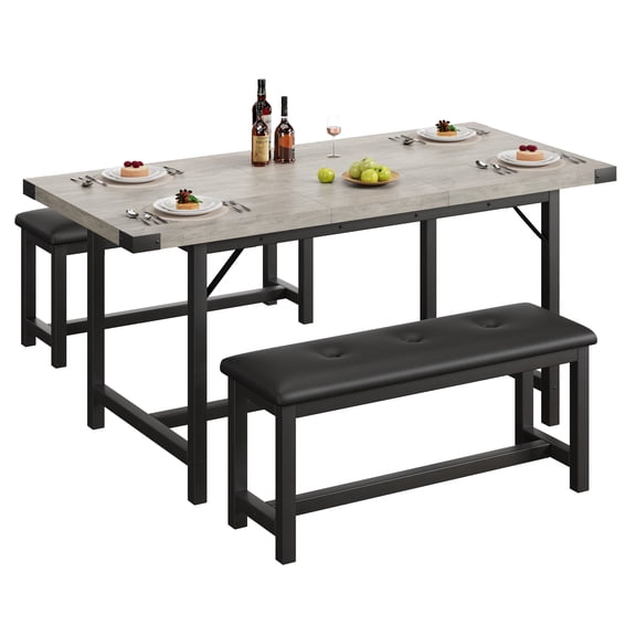 3-Piece Dining Table Set for 4-8 People, Extendable Kitchen Table Set with Upholstered Benches, Mid-Century Dining Room Table with Metal Frame , Saving Space