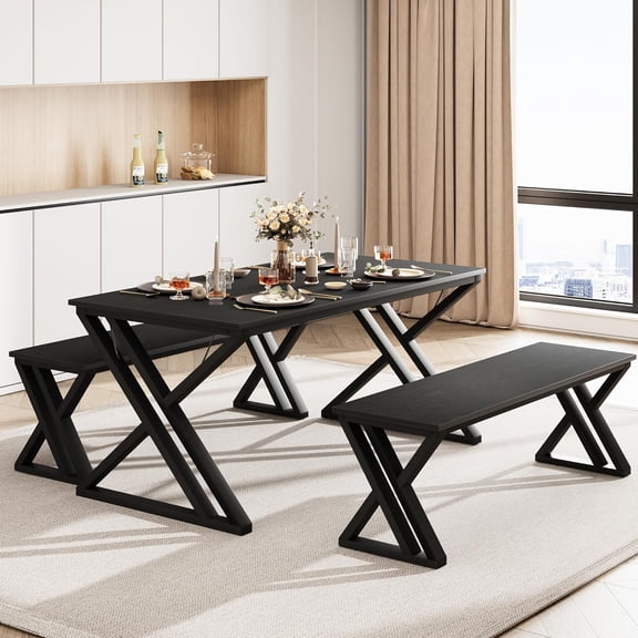 3-Piece Dining Table Set for 4 Dining Table Set with Bench Wood Kitchen Table Set with Metal Frame Dining Room Dinette Sets Breakfast Dinette Dining Benches for Small Space Home Kitchen Apartment