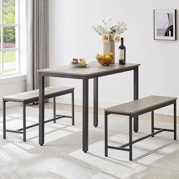 3 Piece Dining Table Set for 4, Wood Small Kitchen Table with 2 Benches, Industrial Breakfast Nook Dinette Sets for Apartment Small Space Bar Restaurant, Grey&Black
