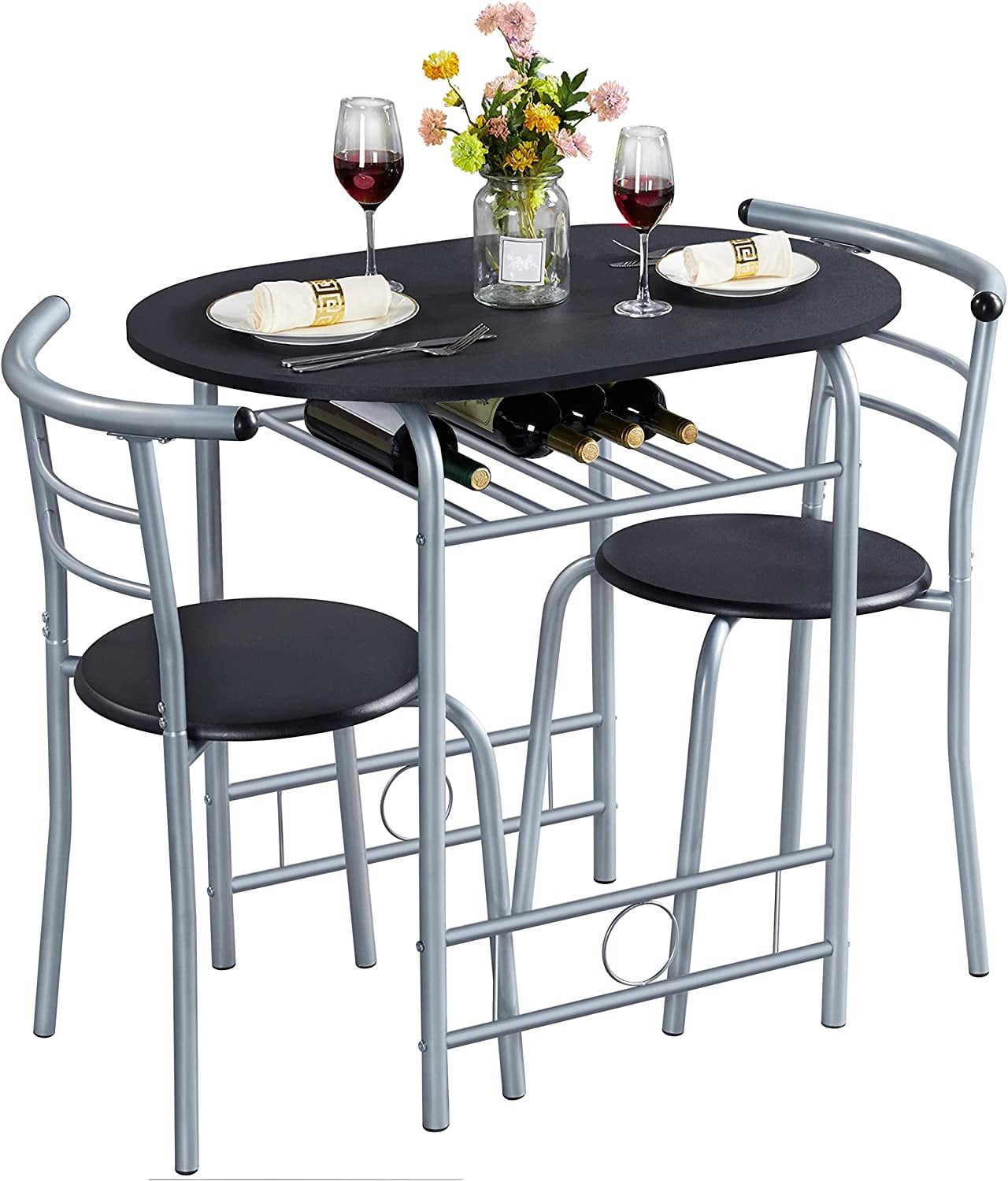 3-Piece Dining Table Set, Breakfast Bistro Table Set for 2, Small Kitchen and Table Chairs Set of 2 with Metal Frame and Storage Rack for Small Space/Apartment/Dorm Room, White