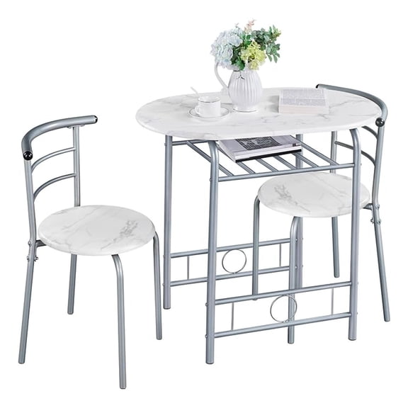 3-Piece Dining Table Set, Breakfast Bistro Table Set for 2, Small Kitchen and Table Chairs Set of 2 with Metal Frame and for Small Space/Apartment/Dorm Room, White