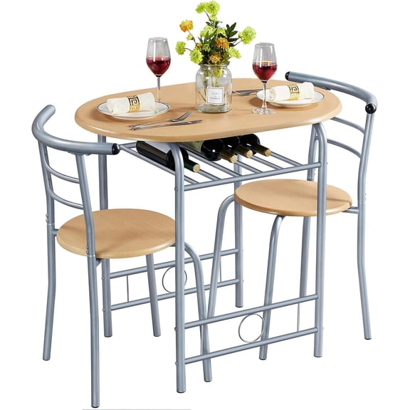 3 Piece Dining Table Set, Kitchen Table & Chair Sets for 2, Bistro Table Set with Steel Legs, -in Wine Rack for Small Space, Apartment, Breakfast Nook, Natural
