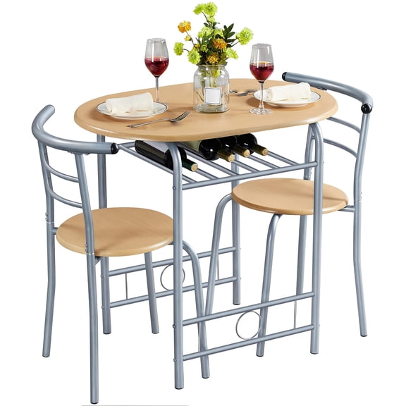 3 Piece Dining Table Set, Kitchen Table & Chair Sets for 2 with Built-in Wine Rack, Compact Bistro Set Steel Legs for Small Space Apartment Breakfast Nook, Brown