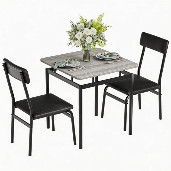 3 Piece Dining Table Set – Kitchen Table for 2 with 2 PU Upholstered Chairs – Industrial Metal Frame Dinette for Small Space, Apartment, Studio