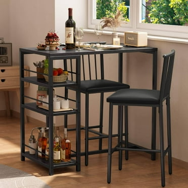 3-Piece Dining Table Set, Lofka Small Dining Table for 2 with 3 Shelves and 2 Stools, Kitchen Table for Small Space, Black