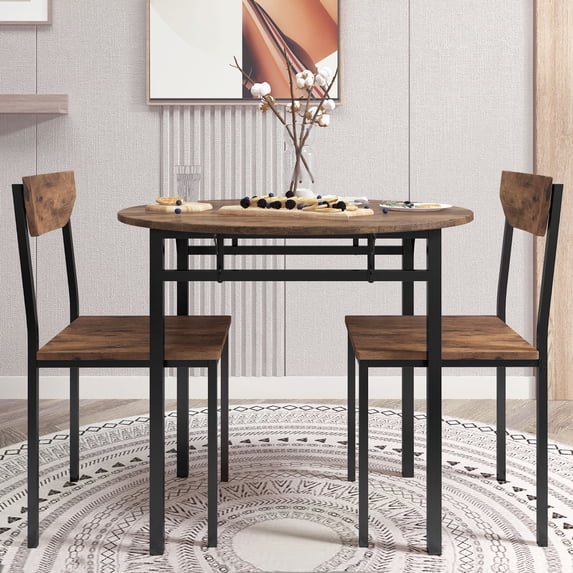3-Piece Dining Table Set,Modern Round Dining Table with Drop Leaf and 2 Chairs,Wood Kitchen Dining Table Set ,Coffee Tables Set for Dining Room Office Restaurant Bar,Golden+Rustic Brown+Black