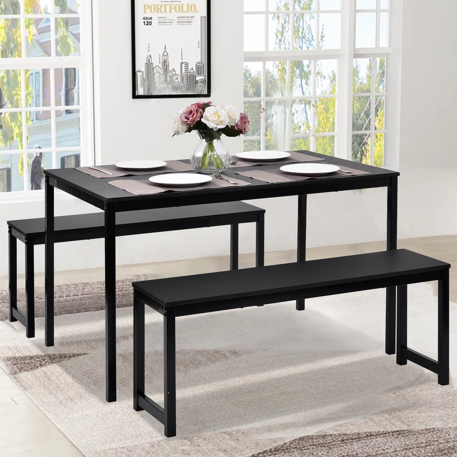 Modern Wood Dining Set with Bench, Metal Frame Seats 4, Black - Main Image