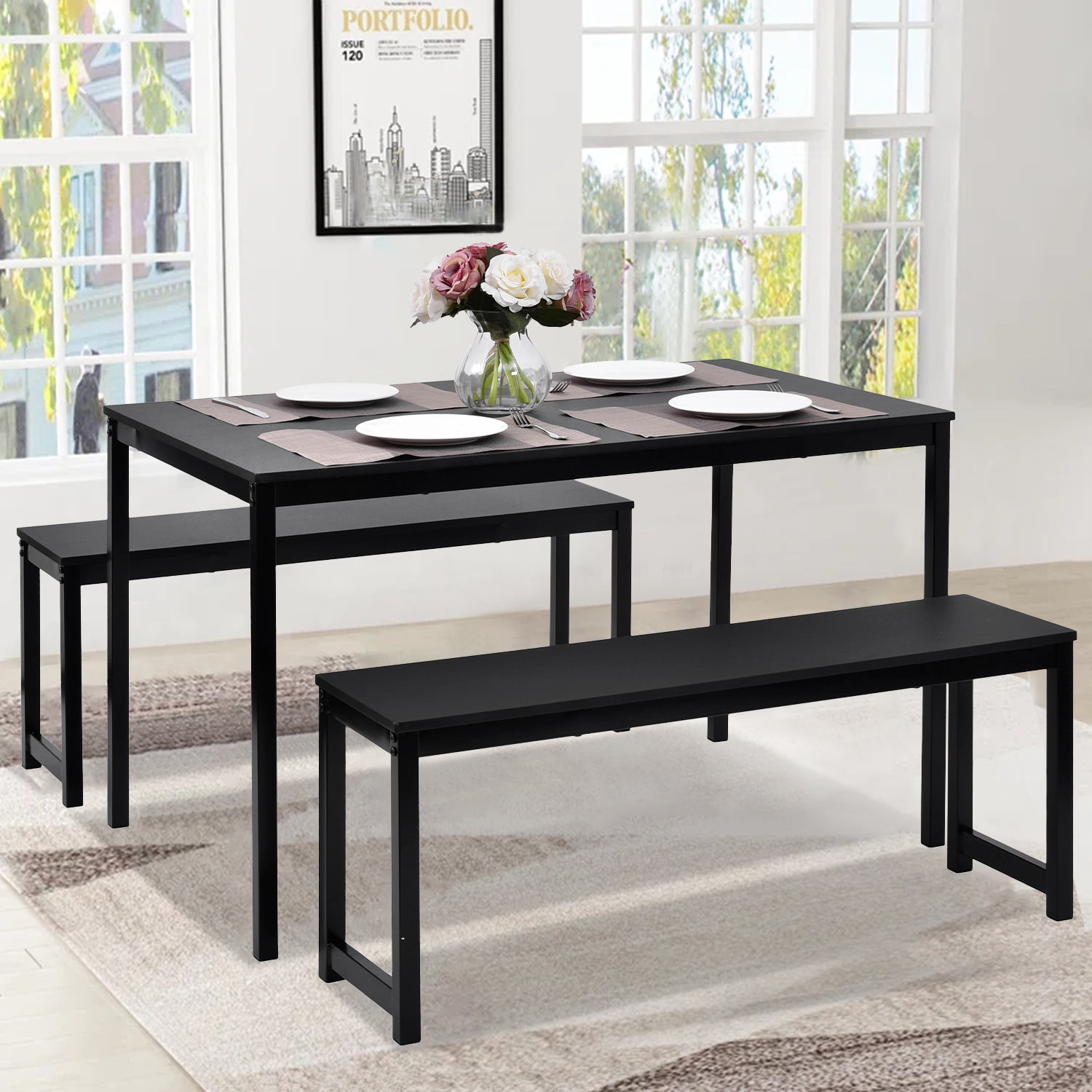 Modern Wood Dining Set with Bench, Metal Frame Egypt Ubuy