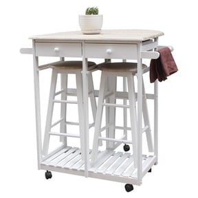 3 Piece Dining Table Set, Semicircle Solid Wood Island Table with 2 Chairs, Kitchen Cart Set with Folding Drop Leaf, Wheels and 2 Drawers, Beige