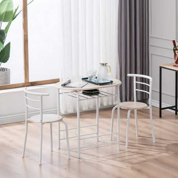 3 Piece Dining Table Set, Small Kitchen Table Set for 2, Wooden Pub Table Set with Metal Frame and Shelf Storage, Couple Breakfast Nook Bistro Sets, White