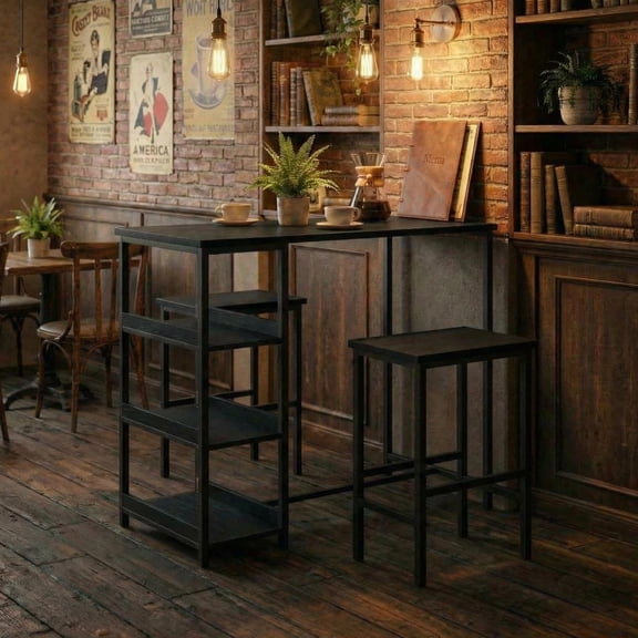 3-Piece Dining Table Set with Storage Shelves – Modern Space-Saving Kitchen Table and 2 Bar Stools – Black Iron Frame with Wood Grain –– Seat Board – Black Tube + Black Wood Grain