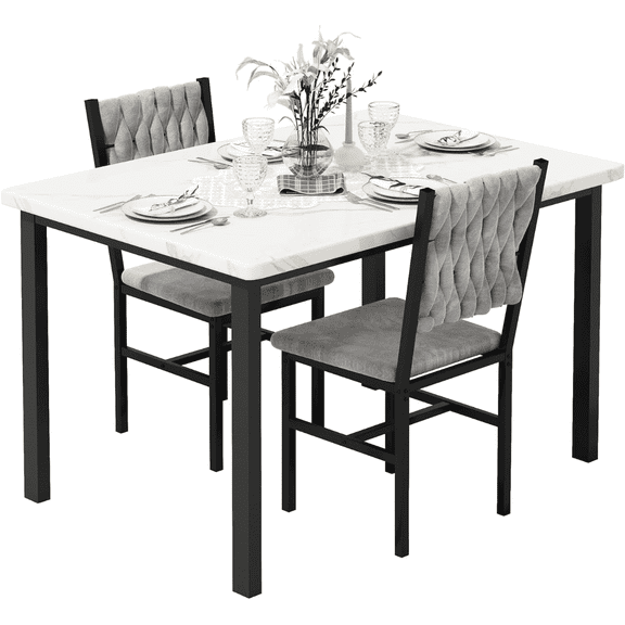 MOOSENG 3 Piece Dining Table Set | White Marble Kitchen Dining Table with 2 Upholstered Gray Chairs | Compact Dining Table Set for Small Spaces, Space | for Dining&Living Room, Apartment