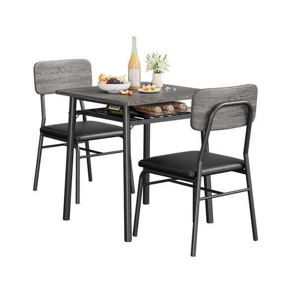 3-Piece Dining Table Set for 2 - 1 Square Table & 2 Upholstered Chairs, for Apartment or Breakfast Nook Furniture, Grey