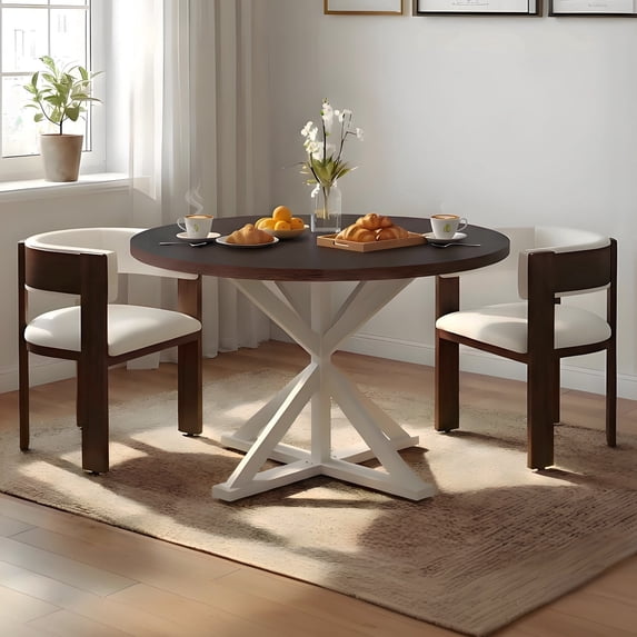 3 Piece Dining Table Set for 2, 47 inch Round Kitchen Table with 2PC PU Upholstered Chairs,Wood Breakfast Nook Set for Kitchen Dining Room