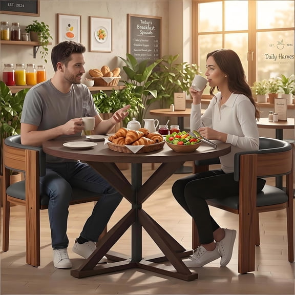 3 Piece Dining Table Set for 2, 47 inch Round Kitchen Table with 2PC PU Upholstered Chairs, Wood Breakfast Nook Set for Kitchen Dining Room