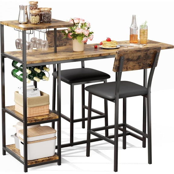 3-Piece Dining Table Set for 2, Expandable Bar Table & Chairs with Storage Shelves, Wine Rack, Space-Saving Small Kitchen Dining Set, Brown