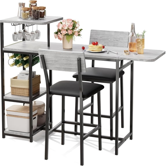 3-Piece Dining Table Set for 2, Expandable Bar Table and Chairs Set, with Storage Shelves and Wine Rack, for Living Room, Apartment, Gray