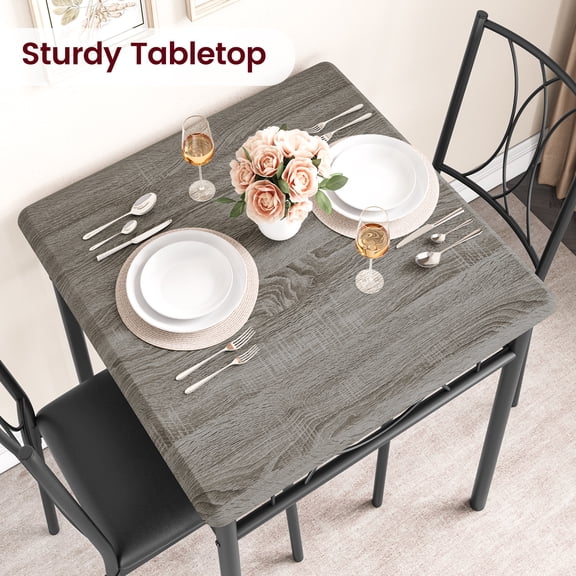 3-Piece Dining Table Set for 2, Gray Upholstered Chairs, MDF and Iron, Kitchen Table and Chairs