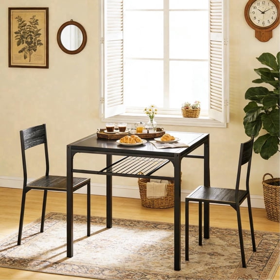 3 Piece Dining Table Set for 2, Lofka Kitchen Table with Chairs & Storage Shelf, Black MDF Dining Set for Small Space, Apartment, Breakfast Nook