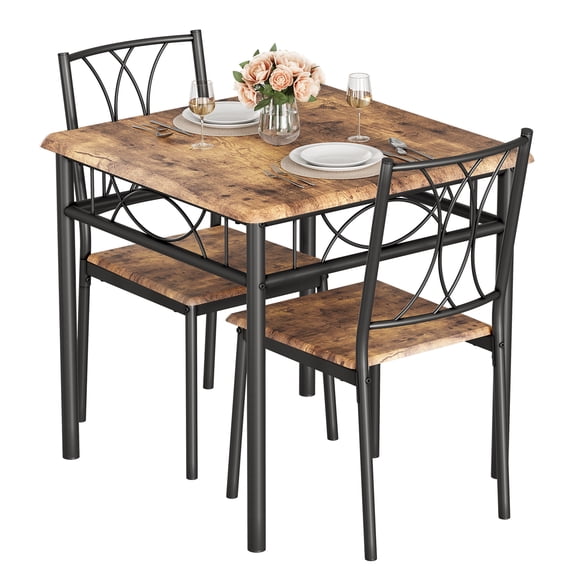 3-Piece Dining Table Set for 2 - Square Table with 2 Upholstered Chairs Ideal for Apartment, Kitchen, Dining Room, Brown