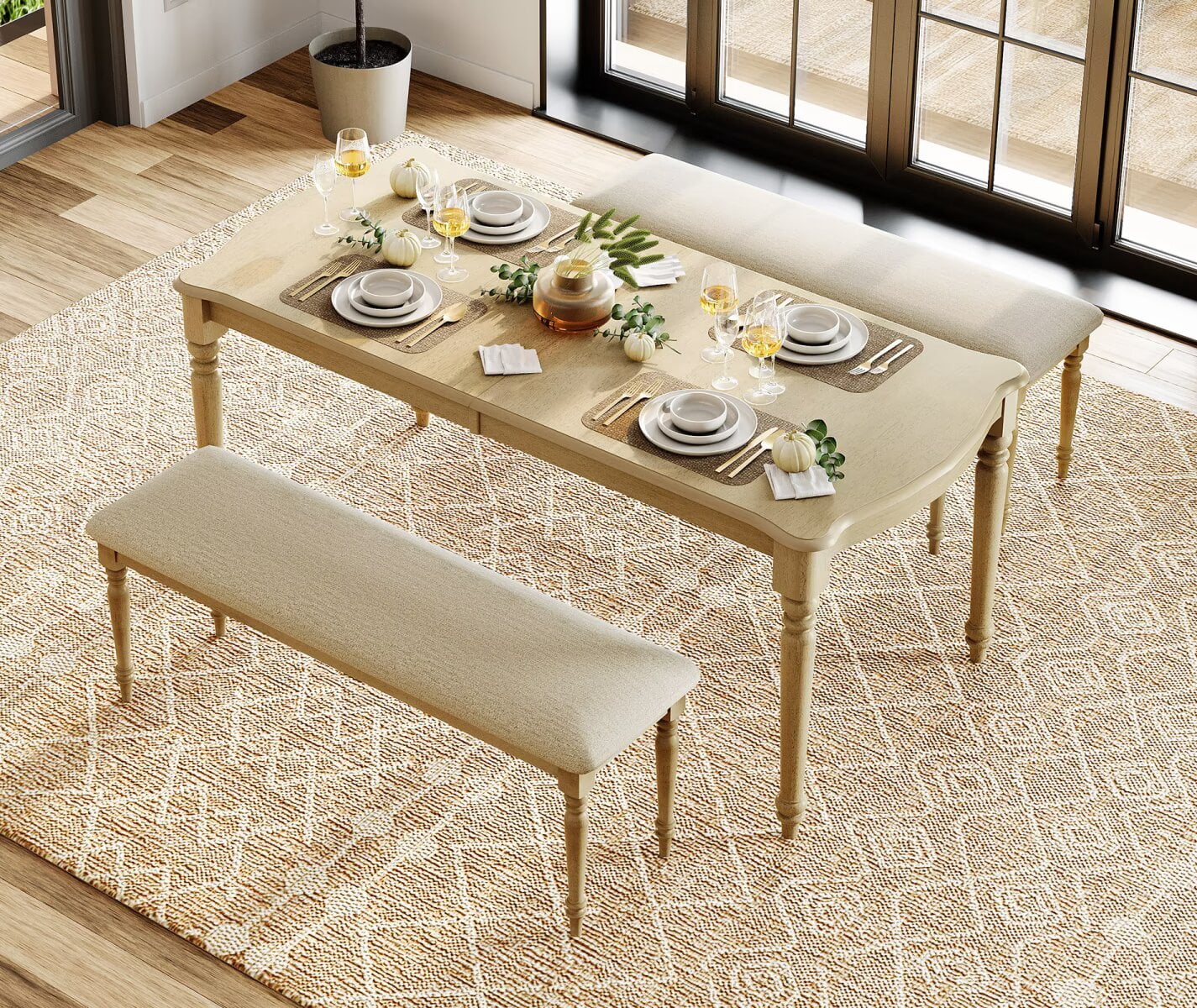 3 Piece Dining Table Set for 4-8 People - Includes One Dining Table, 2 Upholstered Benches, Rustic Dining Set for Kitchen, Oak