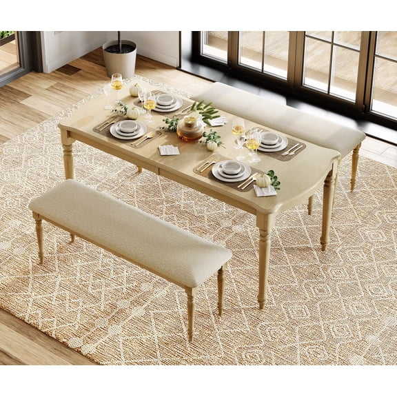 3 Piece Dining Table Set for 4-8 People - Includes One Dining Table, 2 Upholstered Benches, Rustic Dining Set for Kitchen, Oak