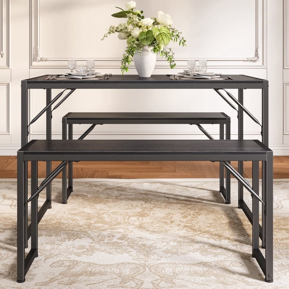 3-Piece Dining Table Set for 4, Asofer Kitchen Table with 2 Bench for Living Room, Dinette Set Black