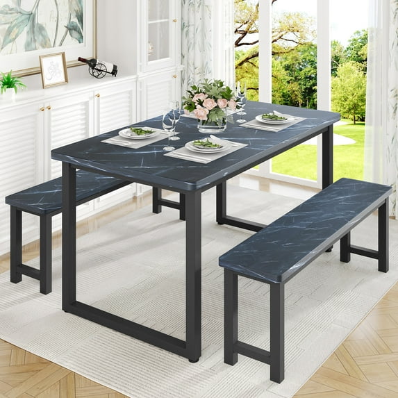 UHOMEPRO Kitchen Table Set with 2 Benches, 3 Piece Dining Room Sets for 4, Modern Faux Marble Look Table Set, Dining Table Set for Home Kitchen and Parties, Black