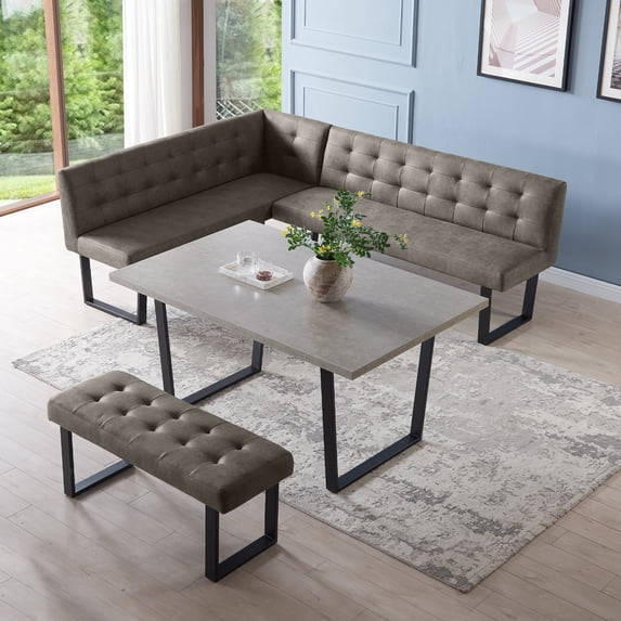 3 Piece Dining Table Set with Bench, 42.9 Inch Modern Kitchen Table with Right Seat Corner Bench and 43.3 Inch Bench for Family Dining Room Furniture