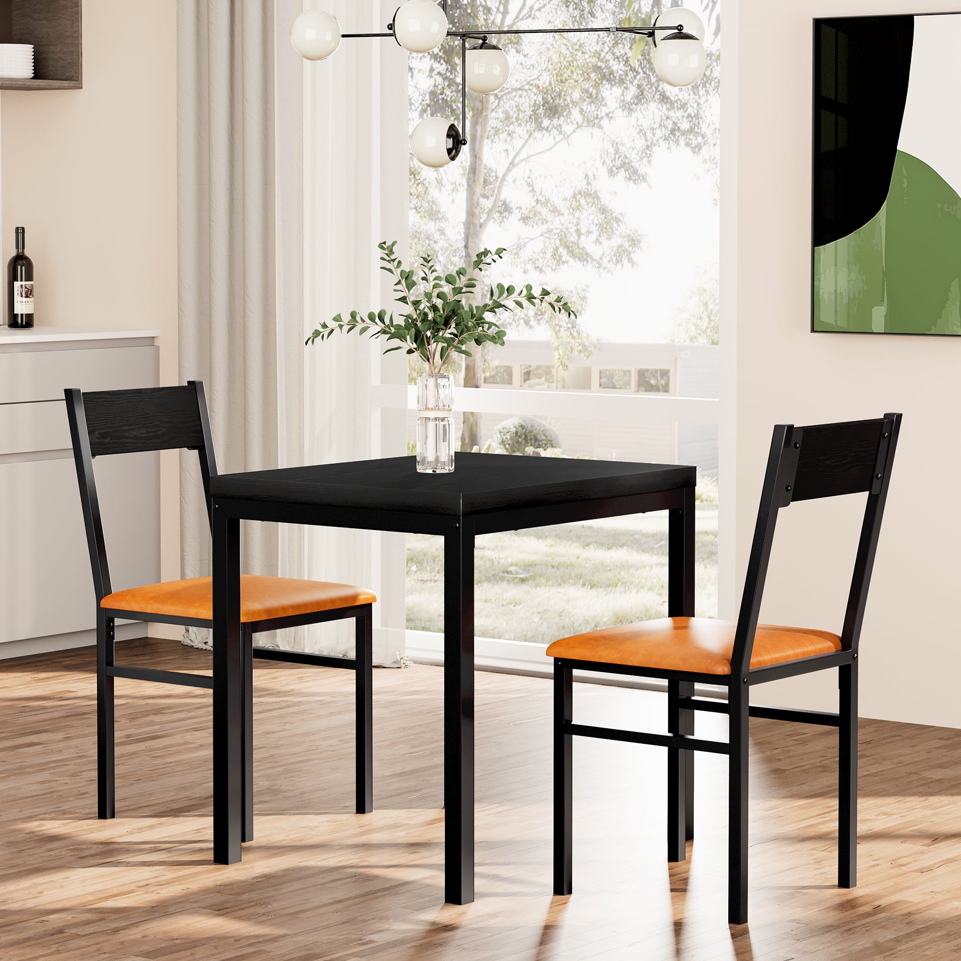 3-Piece Black Dining Table Set Cushioned Chairs Small Kitchen Table 29