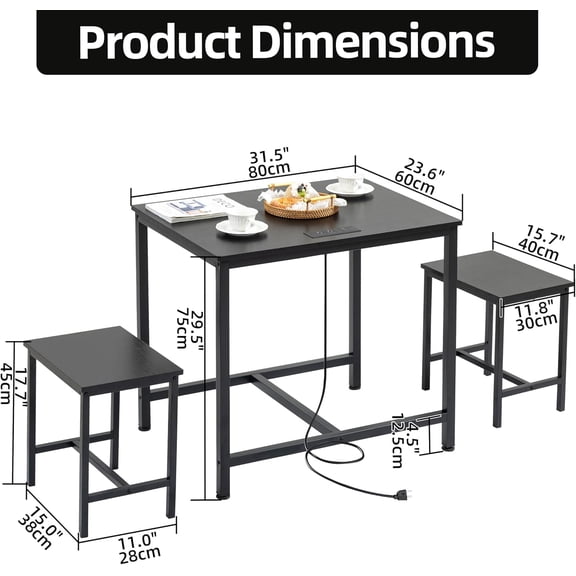 3-Piece Dining Table Set with LED Lights and USB Ports, Space-Saving Small Kitchen Table for Apartment Living Room Rustic Black