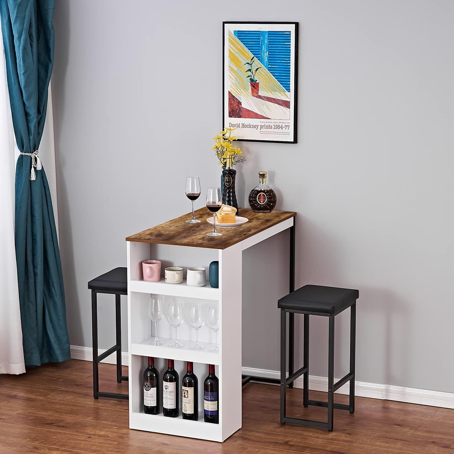 3 Piece Dining Table Set with Storage Shelves and Faux Leather Stools ...