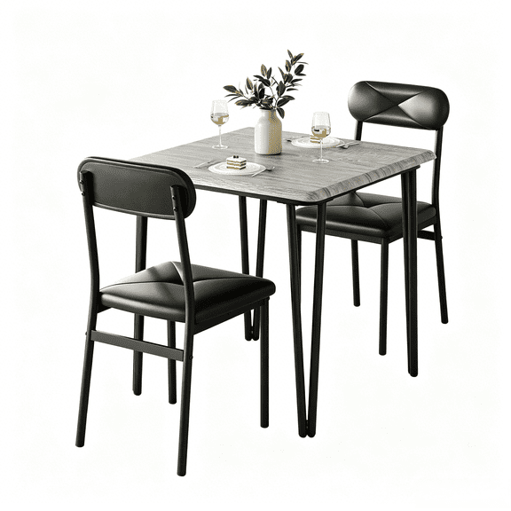 3 Piece Dining Table Set with Table & 2 Upholstered Chairs - Space-Saving for Apartment, Home, Small Spaces, Grey