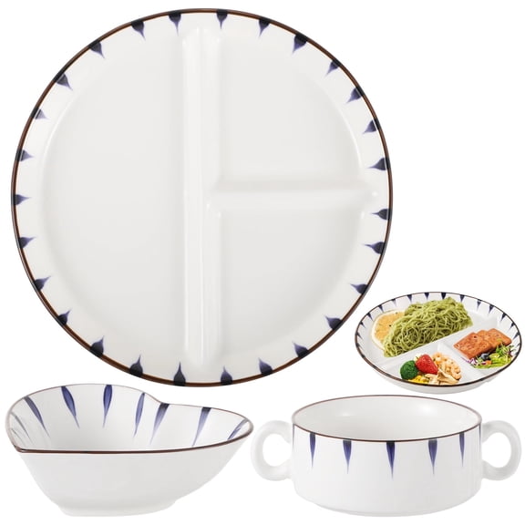 3-Piece Dinner Plate Set Combo, 8" Portion Control Plate with Oatmeal Bowl & Dessert Bowl, Tri-compartment Ceramic Plate, Divided Balanced Meal Plate for Adults