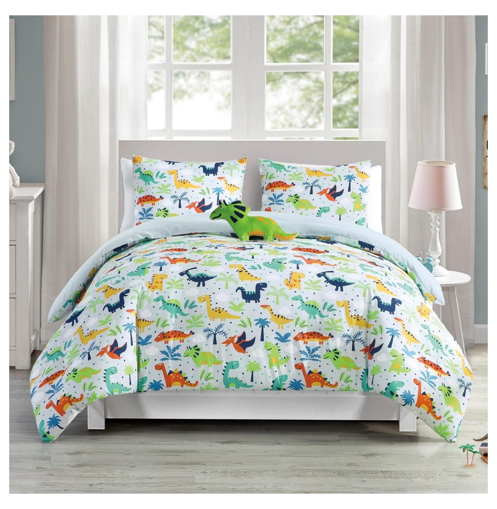 3-Piece Dino Kids Bedding Sets Twin - Soft Microfiber Baby Blue Multi ...