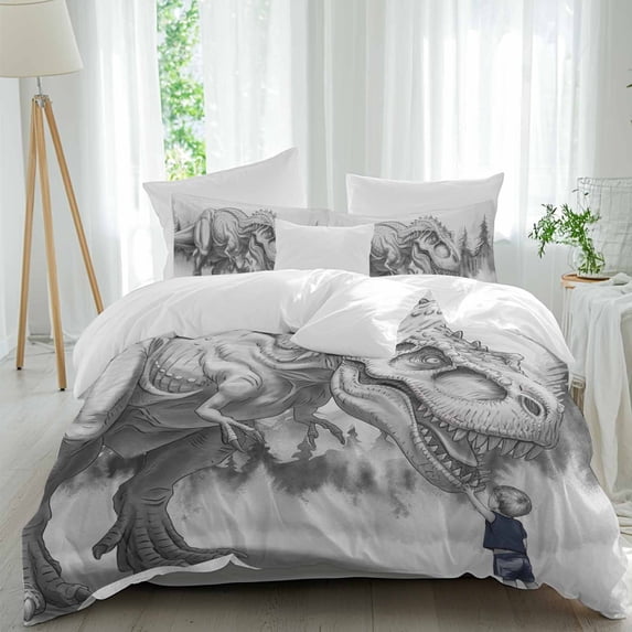 3 Piece Dinosaurs Boy Duvet Cover Set Full Size, Microfiber Comforter/Quilt Cover with Corner Ties and 2 Pillowcases, Gray Funny Cartoon Forest Animals All Season Soft Bedding with Zipper Closure