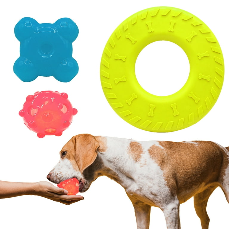 3 Piece Dog Toy Set by BLACK DECKER Flexible Fetch Disk Fillable and Scented Treat Ball Fill and Fetch Fun Flyer Durable Rubber Chew Toys Loved