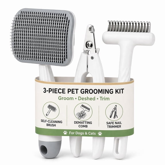 3-Piece Dogs & Cats Shedding Brush Set, Self Cleaning Slicker Brush for Loose Fur, Dematting Comb for Mats, Nail Clipper for Trimming, Professional 3-in-1 Grooming Kit for Home Use, White