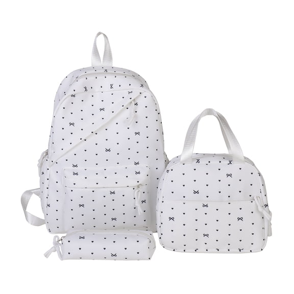 3-Piece Dot Bow Pattern Knapsack Set, Nylon Preppy Campus Bookbag with Lunch Tote & Pencil Pouch, Charm Decor Daypack for Outdoor Picnics, 15.35 Inch (White)