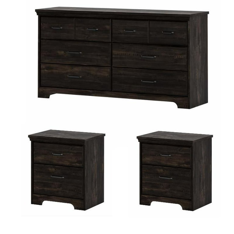 3 Piece Double Dresser and 2 Nightstand Bedroom Set in Rubbed