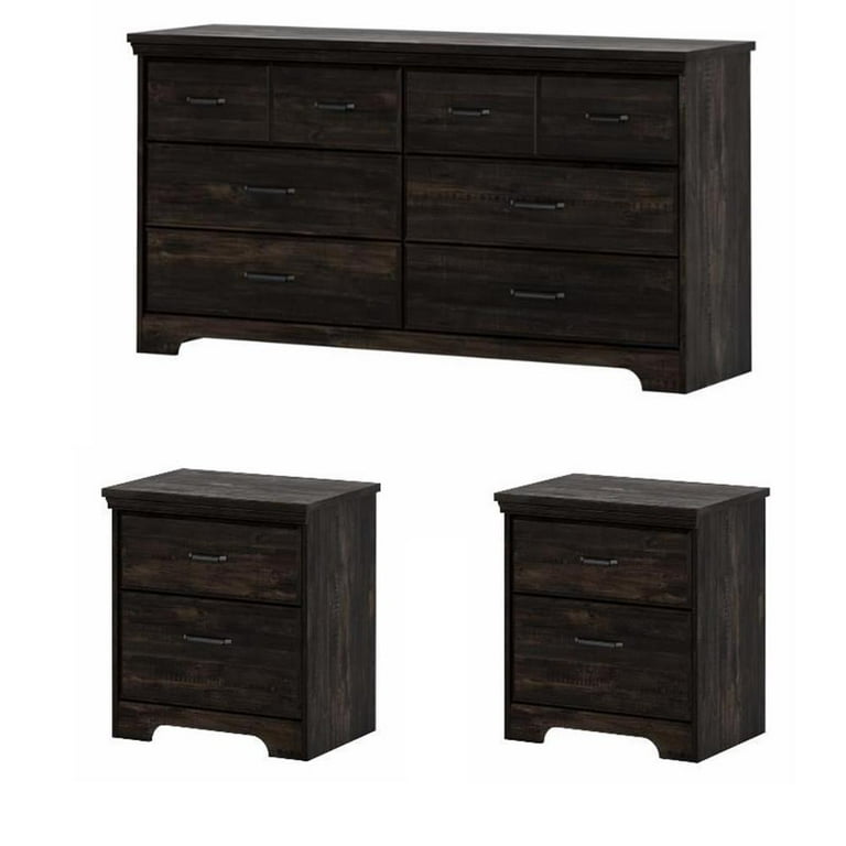 3 Piece Double Dresser and 2 Nightstand Bedroom Set in Rubbed Black