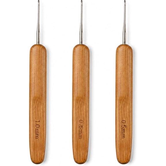 3-Piece Dreadlock Crochet Hook Set with Natural Bamboo Handles, Includes 0.5mm, 0.75mm, and 1.0mm Stainless Steel Loc Needles for Hair Braid Craft