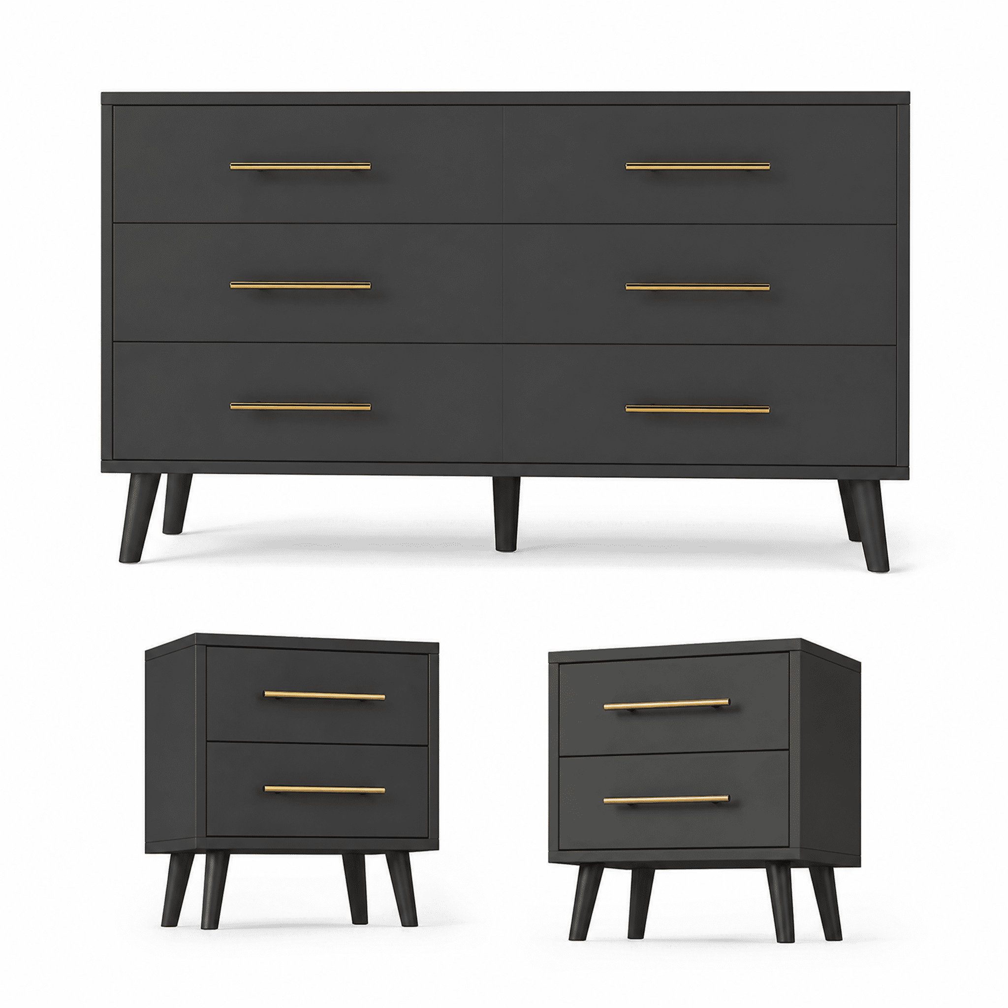 3-Piece Dresser Nightstand Set, Modern Bedroom Furniture Set 6 Drawer Dresser & 2 Drawer Nightstands,Black
