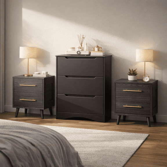 3-Piece Dresser and Nightstand Sets: 2 Nightstands with 2 Drawers + 3-Drawer Dresser, 47" Wide Chest of Drawer, Anti-Tip Safety, Water-Resistant Finish – Bedroom, Hallway, Living Room, Black