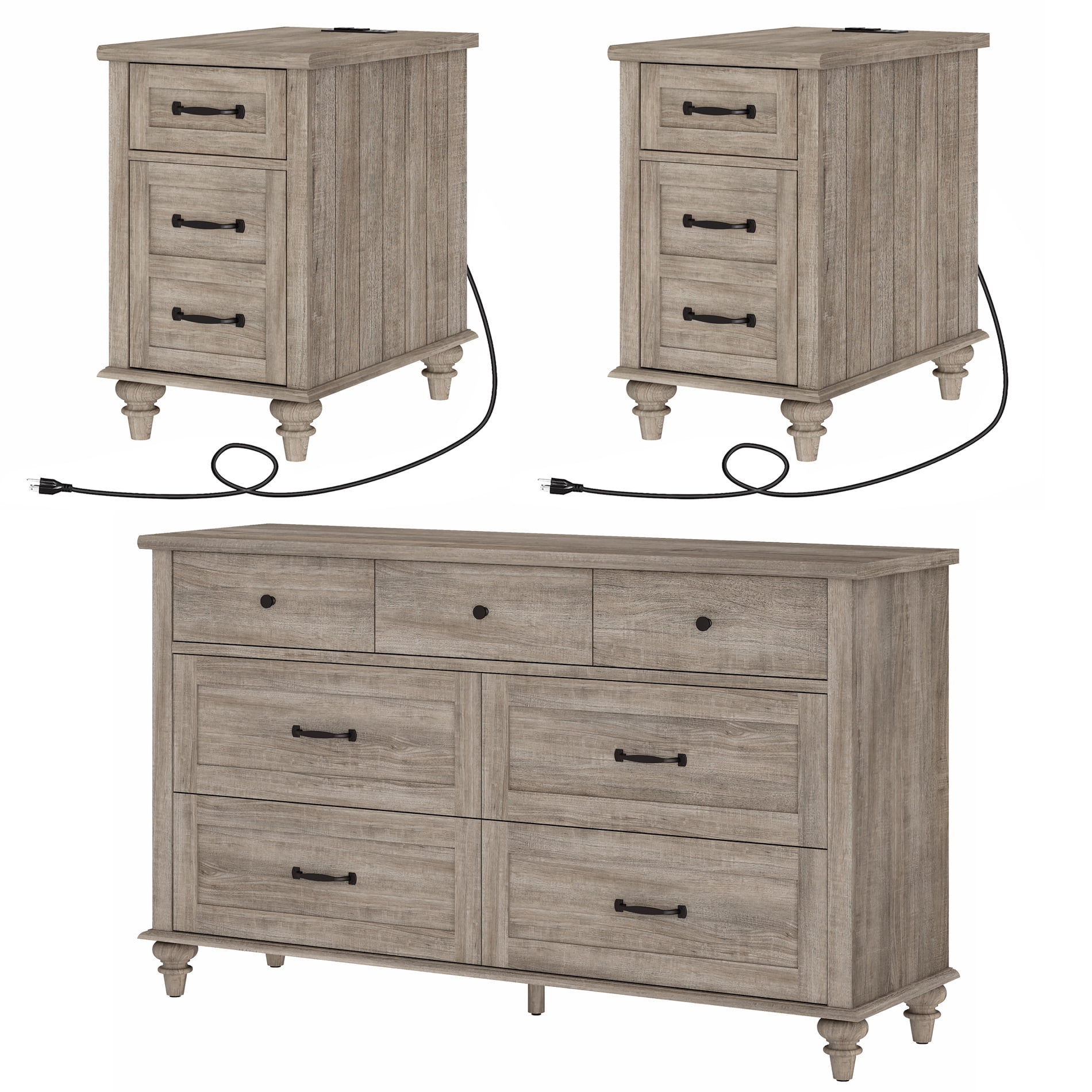 3 Piece Dresser and Nightstand Sets, Farmhouse Dresser with 7 Drawers, Set of 2 Night Stands with Charging Staion & Cabinet, 3 Piece Bedroom Set, Grey