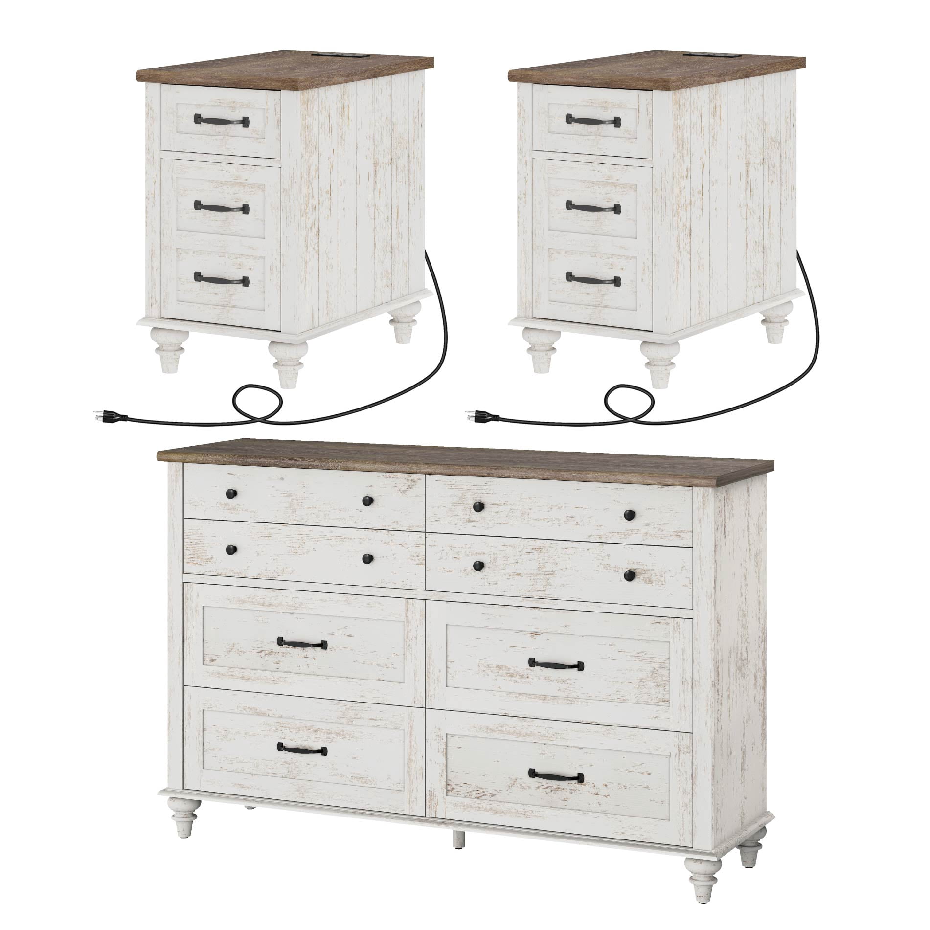 3 Piece Dresser and Nightstand Sets, Farmhouse Dresser with 8 Drawers, Set of 2 Night Stands with Charging Staion & Cabinet, 3 Piece Bedroom Set, Antique White